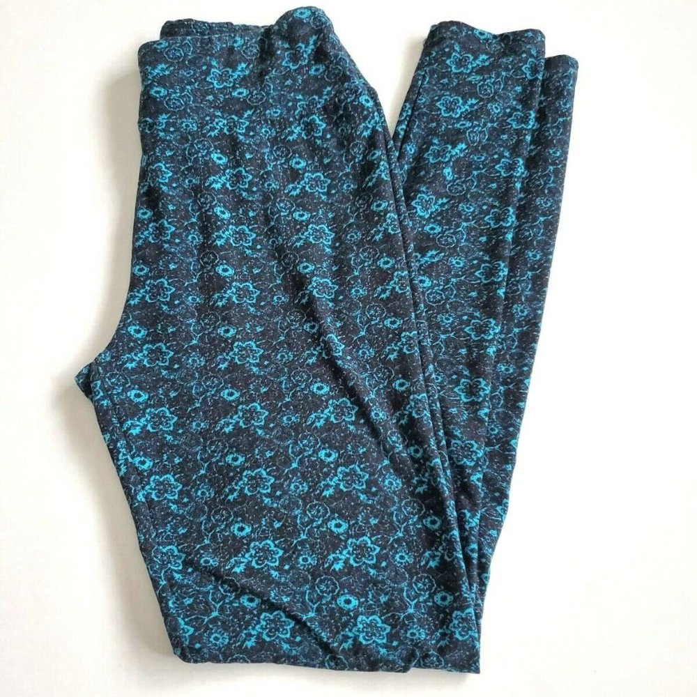 LuLaRoe Leggings OS One Size Size 2-10 Black With Blue Flowers Floral EUC